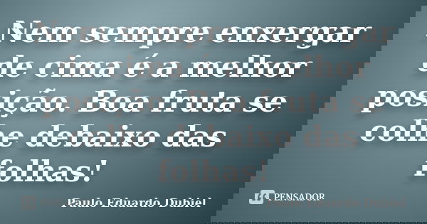 Nem sempre enxergar de cima é a melhor posição. Boa fruta se colhe debaixo das folhas!... Frase de Paulo Eduardo Dubiel.