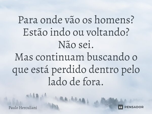 ⁠Para onde vão os homens? Estão indo ou voltando? Não sei. Mas continuam buscando o que está perdido dentro pelo lado de fora.... Frase de Paulo Herculiani.