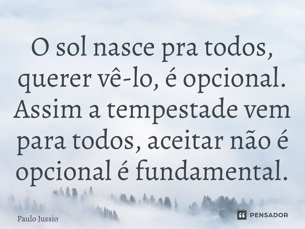 O sol nasce pra todos, querer vê-lo, é opcional. Assim a tempestade vem para todos, aceitar não é opcional é fundamental.... Frase de Paulo Jussio.