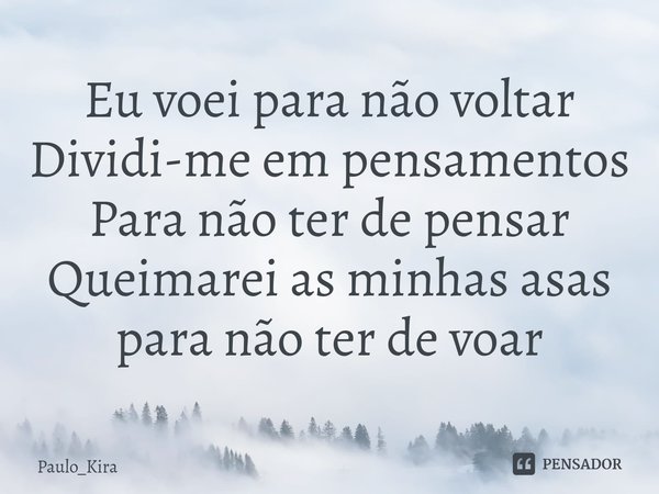 Eu voei para não voltar
Dividi-me em pensamentos
Para não ter de pensar
Queimarei as minhas asas para não ⁠ter de voar... Frase de Paulo_Kira.