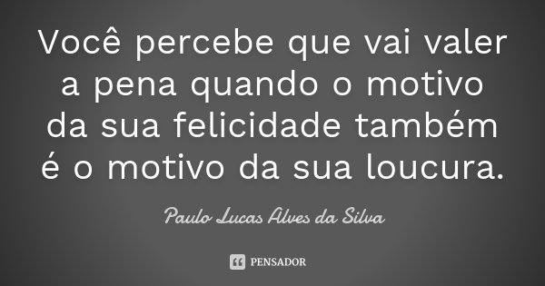 Você percebe que vai valer a pena quando o motivo da sua felicidade também é o motivo da sua loucura.... Frase de Paulo Lucas Alves da Silva.