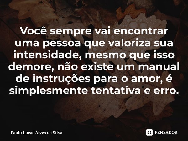 ⁠Você sempre vai encontrar uma pessoa que valoriza sua intensidade, mesmo que isso demore, não existe um manual de instruções para o amor, é simplesmente tentat... Frase de Paulo Lucas Alves da Silva.