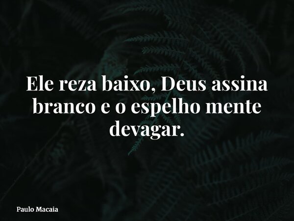 Ele reza baixo, Deus assina branco e o espelho mente devagar.... Frase de Paulo Macaia.