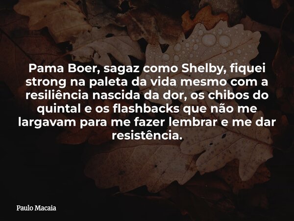 Pama Boer, sagaz como Shelby, fiquei strong na paleta da vida mesmo com a resiliência nascida da dor, os chibos do quintal e os flashbacks que não me largavam p... Frase de Paulo Macaia.