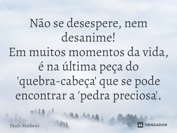 ⁠Não se desespere, nem desanime! Em muitos momentos da vida, é na última peça do 'quebra-cabeça' que se pode encontrar a 'pedra preciosa'.... Frase de Paulo Matheus.