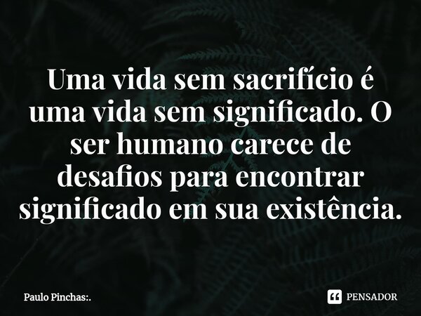 ⁠Uma vida sem sacrifício é uma vida sem significado. O ser humano carece de desafios para encontrar significado em sua existência.... Frase de Paulo Pinchas:..