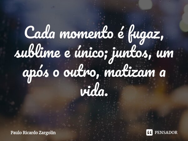 ⁠Cada momento é fugaz, sublime e único; juntos, um após o outro, matizam a vida.... Frase de Paulo Ricardo Zargolin.