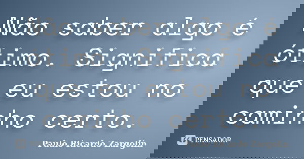 Não saber algo é ótimo. Significa que eu estou no caminho certo.... Frase de Paulo Ricardo Zargolin.