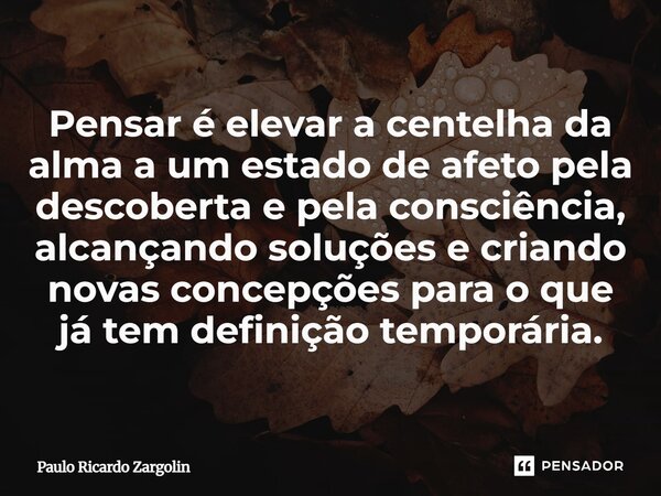 ⁠Pensar é elevar a centelha da alma a um estado de afeto pela descoberta e pela consciência, alcançando soluções e criando novas concepções para o que já tem de... Frase de Paulo Ricardo Zargolin.