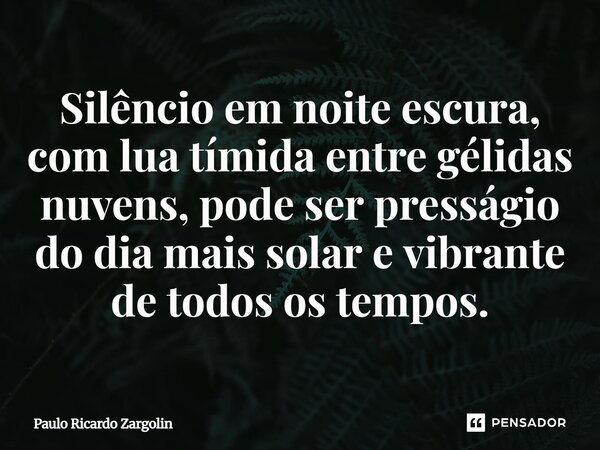 ⁠Silêncio em noite escura, com lua tímida entre gélidas nuvens, pode ser presságio do dia mais solar e vibrante de todos os tempos.... Frase de Paulo Ricardo Zargolin.