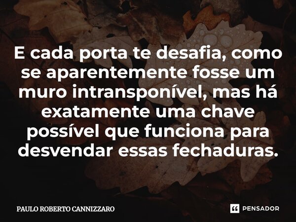 ⁠⁠E cada porta te desafia, como se aparentemente fosse um muro intransponível, mas há exatamente uma chave possível que funciona para desvendar essas fechaduras... Frase de Paulo Roberto Cannizzaro.