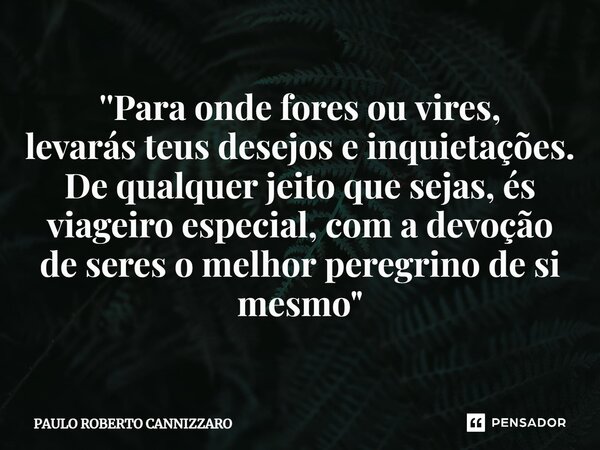⁠''Para onde fores ou vires, levarás teus desejos e inquietações. De qualquer jeito que sejas, és viageiro especial, com a devoção de seres o melhor peregrino d... Frase de Paulo Roberto Cannizzaro.