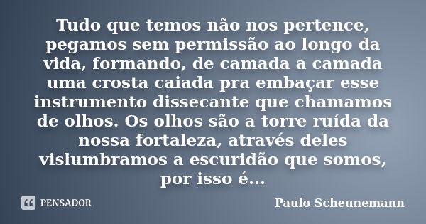 Tudo que temos não nos pertence, pegamos sem permissão ao longo da vida, formando, de camada a camada uma crosta caiada pra embaçar esse instrumento dissecante ... Frase de Paulo Scheunemann.