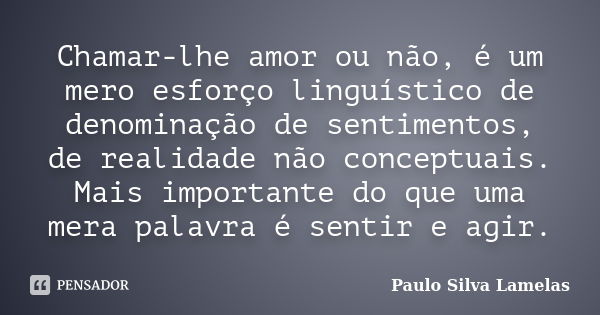 Chamar-lhe amor ou não, é um mero esforço linguístico de denominação de sentimentos, de realidade não conceptuais. Mais importante do que uma mera palavra é sen... Frase de Paulo Silva Lamelas.