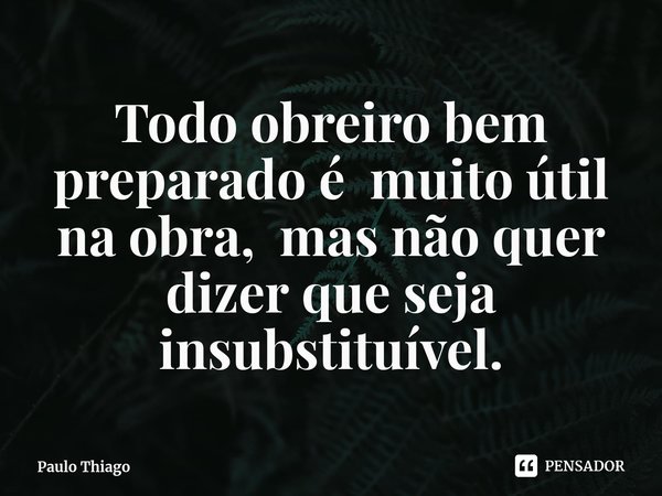 ⁠Todo obreiro bem preparado é muito útil na obra, mas não quer dizer que seja insubstituível.... Frase de Paulo Thiago.