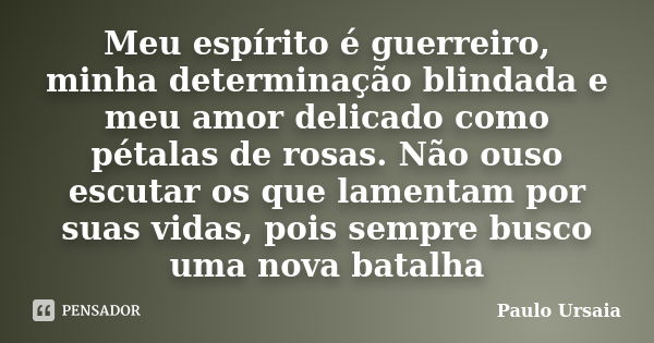 Meu espírito é guerreiro, minha determinação blindada e meu amor delicado como pétalas de rosas. Não ouso escutar os que lamentam por suas vidas, pois sempre bu... Frase de Paulo Ursaia.