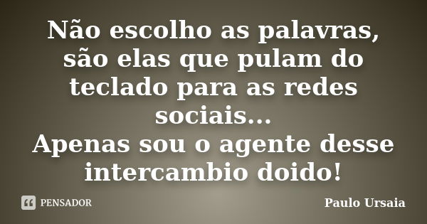 Não escolho as palavras, são elas que pulam do teclado para as redes sociais... Apenas sou o agente desse intercambio doido!... Frase de Paulo Ursaia.