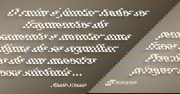O ruim é juntar todos os fragmentos do pensamento e montar uma frase digna de se orgulhar. Preciso de um maestro p/reger essa sinfonia ...... Frase de Paulo Ursaia.