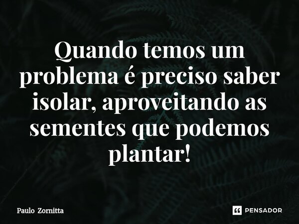 ⁠⁠Quando temos um problema é preciso saber isolar, aproveitando as sementes que podemos plantar!... Frase de Paulo Zornitta.