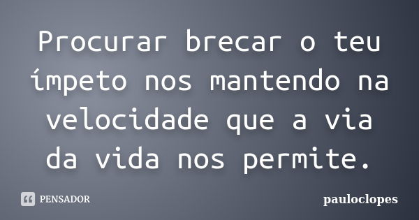 Procurar brecar o teu ímpeto nos mantendo na velocidade que a via da vida nos permite.... Frase de pauloclopes.