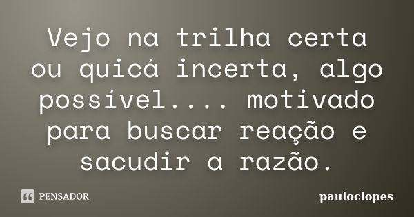 Vejo na trilha certa ou quicá incerta, algo possível.... motivado para buscar reação e sacudir a razão.... Frase de pauloclopes.