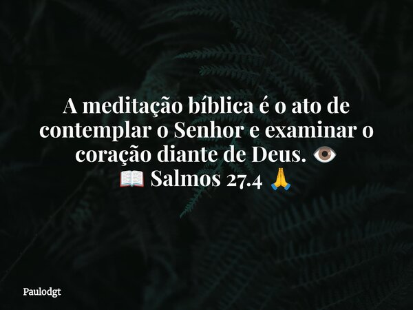 A meditação bíblica é o ato de contemplar o Senhor e examinar o coração diante de Deus. 👁️ 📖 Salmos 27.4 🙏... Frase de Paulodgt.