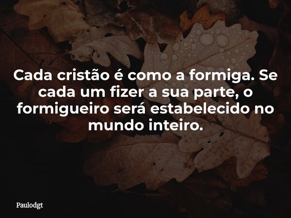 Cada cristão é como a formiga. Se cada um fizer a sua parte, o formigueiro será estabelecido no mundo inteiro.... Frase de Paulodgt.