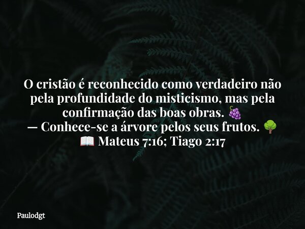 O cristão é reconhecido como verdadeiro não pela profundidade do misticismo, mas pela confirmação das boas obras. 🍇 — Conhece-se a árvore pelos seus frutos. 🌳 📖... Frase de Paulodgt.