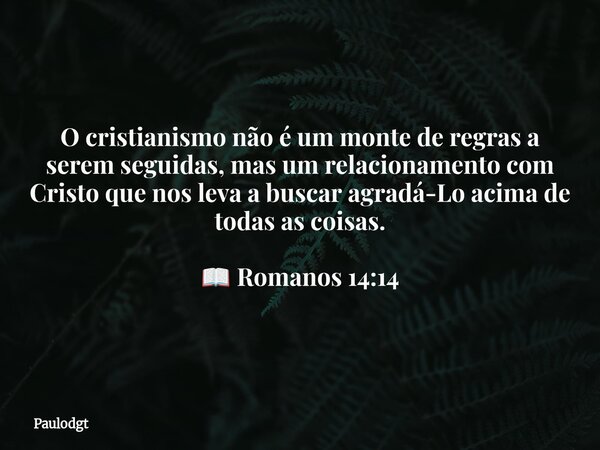 O cristianismo não é um monte de regras a serem seguidas, mas um relacionamento com Cristo que nos leva a buscar agradá-Lo acima de todas as coisas. 📖 Romanos 1... Frase de Paulodgt.