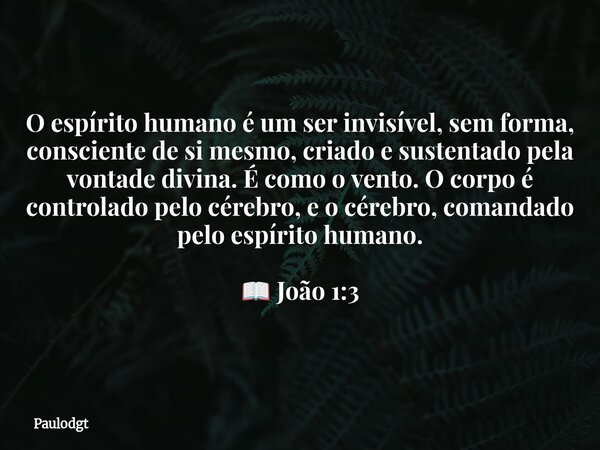 O espírito humano é um ser invisível, sem forma, consciente de si mesmo, criado e sustentado pela vontade divina. É como o vento. O corpo é controlado pelo cére... Frase de Paulodgt.