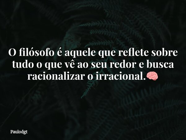 O filósofo é aquele que reflete sobre tudo o que vê ao seu redor e busca racionalizar o irracional.🧠... Frase de Paulodgt.
