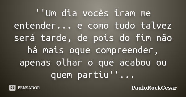 ''Um dia vocês iram me entender... e como tudo talvez será tarde, de pois do fim não há mais oque compreender, apenas olhar o que acabou ou quem partiu''...... Frase de PauloRockCesar.