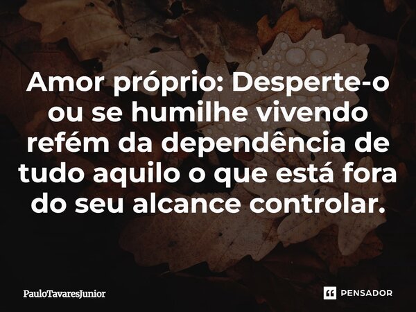 ⁠Amor próprio: Desperte-o ou se humilhe vivendo refém da dependência de tudo aquilo o que está fora do seu alcance controlar.... Frase de PauloTavaresJunior.