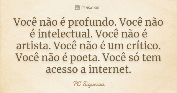 Você não é profundo. Você não é intelectual. Você não é artista. Você não é um crítico. Você não é poeta. Você só tem acesso a internet.... Frase de PC Siqueira.