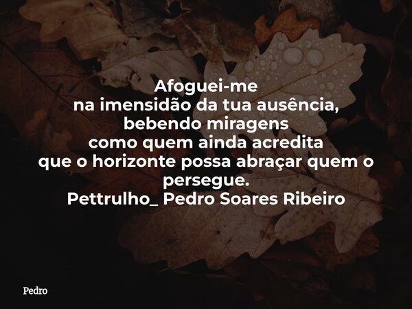 Afoguei-me na imensidão da tua ausência, bebendo miragens como quem ainda acredita que o horizonte possa abraçar quem o persegue. Pettrulho_ Pedro Soares Ribeir... Frase de Pedro.