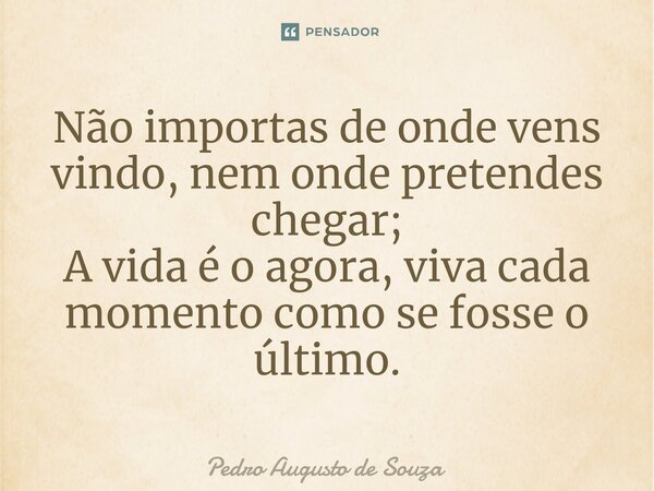 ⁠Não importas de onde vens vindo, nem onde pretendes chegar; A vida é o agora, viva cada momento como se fosse o último.... Frase de PEDRO AUGUSTO DE SOUZA.