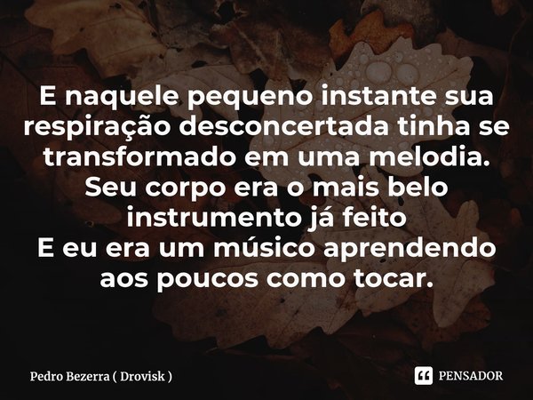 ⁠E naquele pequeno instante sua respiração desconcertada tinha se transformado ⁠em uma melodia.
Seu corpo era o mais belo instrumento já feito
E eu era um músic... Frase de Pedro Bezerra ( Drovisk ).