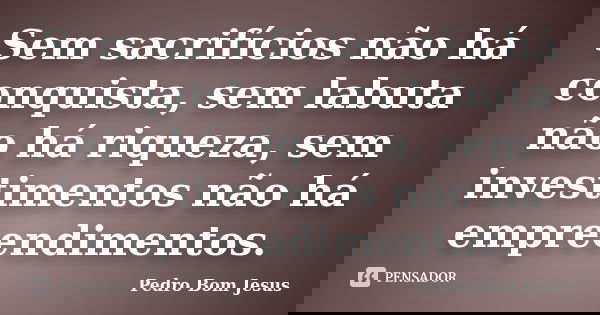 Sem sacrifícios não há conquista, sem labuta não há riqueza, sem investimentos não há empreendimentos.... Frase de Pedro Bom Jesus.