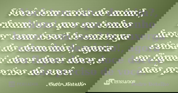 Você tem raiva de mim?, rhum! e o que eu tenho haver com isso? te enxerga coisa do demônio!, agora eu fiquei doce doce doce,e não preciso de você.... Frase de Pedro Botelho.