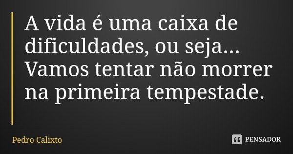 A vida é uma caixa de dificuldades, ou seja... Vamos tentar não morrer na primeira tempestade.... Frase de Pedro Calixto.