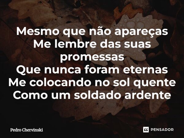 ⁠Mesmo que não apareças Me lembre das suas promessas Que nunca foram eternas Me colocando no sol quente Como um soldado ardente... Frase de Pedro Chervinski.