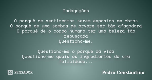 Indagações O porquê de sentimentos serem expostos em obras O porquê de uma sombra de árvore ser tão afagadora O porquê de o corpo humano ter uma beleza tão rebu... Frase de Pedro Constantino.