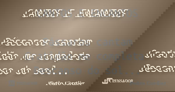 CANTOS E ENCANTOS Pássaros cantam Gratidão me completa Descanso do sol...... Frase de Pedro Cordier.