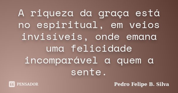A riqueza da graça está no espiritual, em veios invisíveis, onde emana uma felicidade incomparável a quem a sente.... Frase de Pedro Felipe B. Silva.