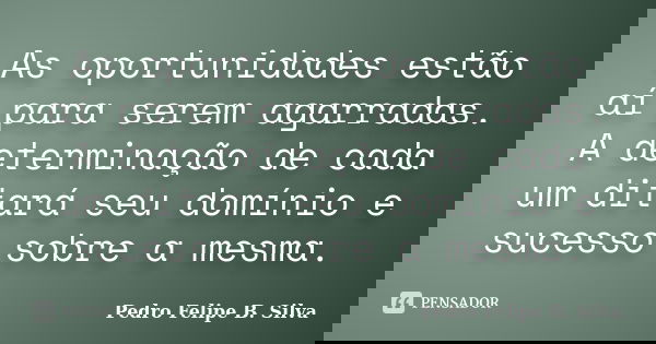 As oportunidades estão aí para serem agarradas. A determinação de cada um ditará seu domínio e sucesso sobre a mesma.... Frase de Pedro Felipe B. Silva..