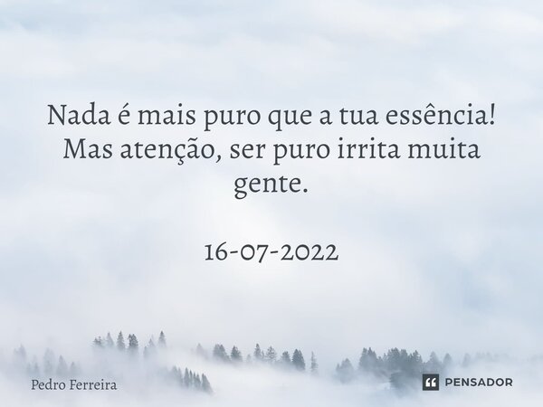 Nada é mais puro que a tua essência! Mas atenção, ser puro irrita muita gente. 16-07-2022... Frase de Pedro ferreira.