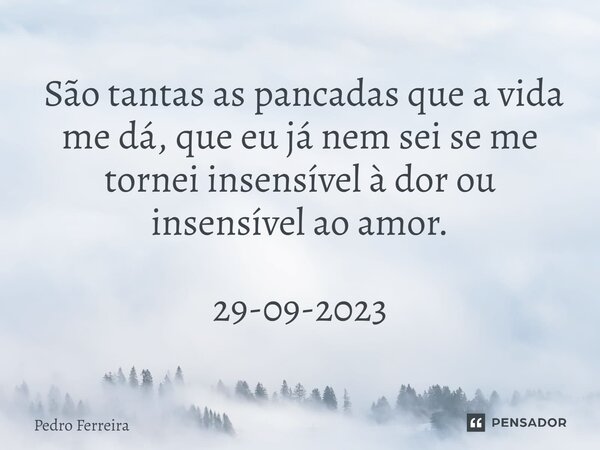⁠ São tantas as pancadas que a vida me dá, que eu já nem sei se me tornei insensível à dor ou insensível ao amor. 29-09-2023... Frase de Pedro ferreira.