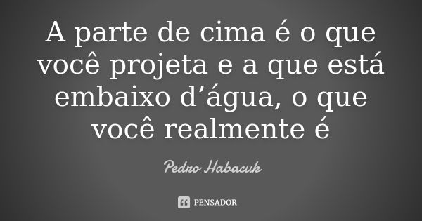 A parte de cima é o que você projeta e a que está embaixo d’água, o que você realmente é... Frase de Pedro Habacuk.