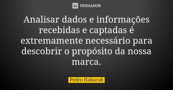 Analisar dados e informações recebidas e captadas é extremamente necessário para descobrir o propósito da nossa marca.... Frase de Pedro Habacuk.