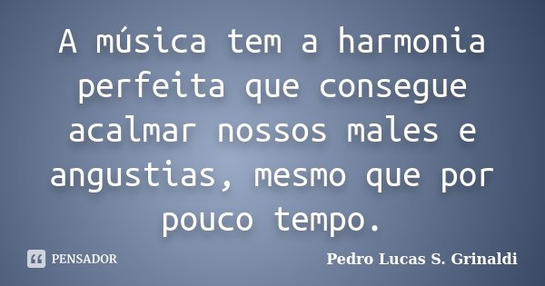 A música tem a harmonia perfeita que consegue acalmar nossos males e angustias, mesmo que por pouco tempo.... Frase de Pedro Lucas S. Grinaldi.